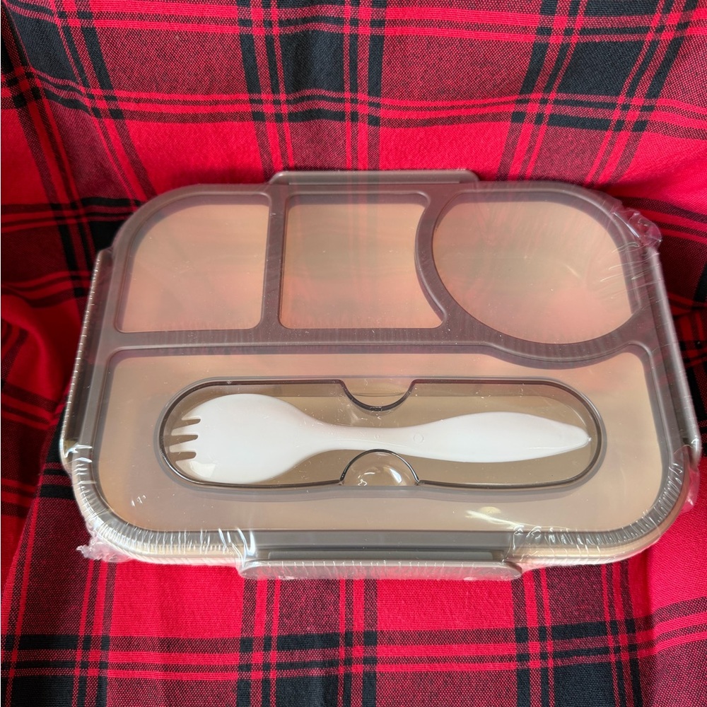 Compartmental Bento Lunch Box with Built-in Spork - Beige & Gray
